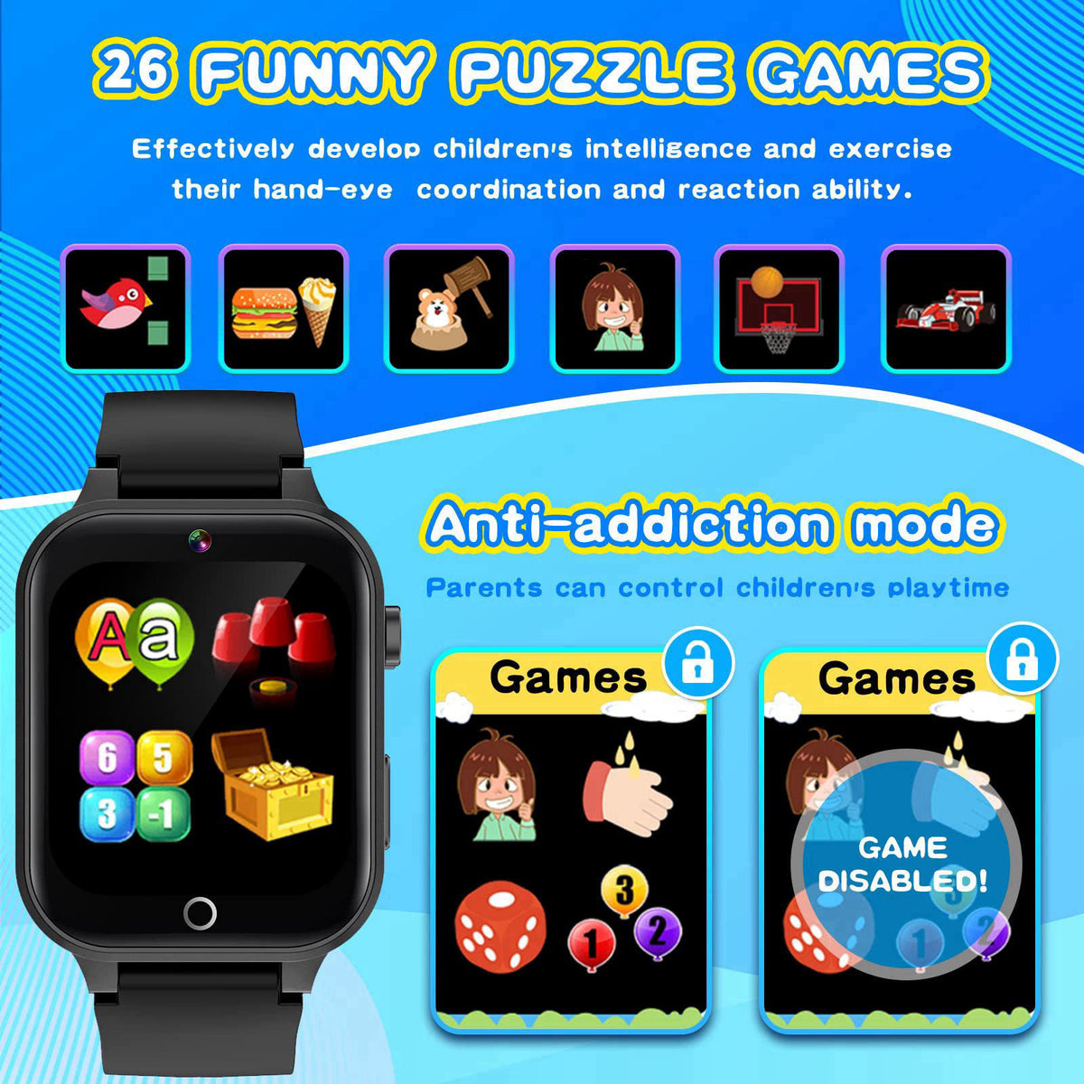 Cosjoype Smart Watch for Kids with 26 Puzzle Games HD Touchscreen Camera Video Music Player Habit Tracking Pedometer Ala
