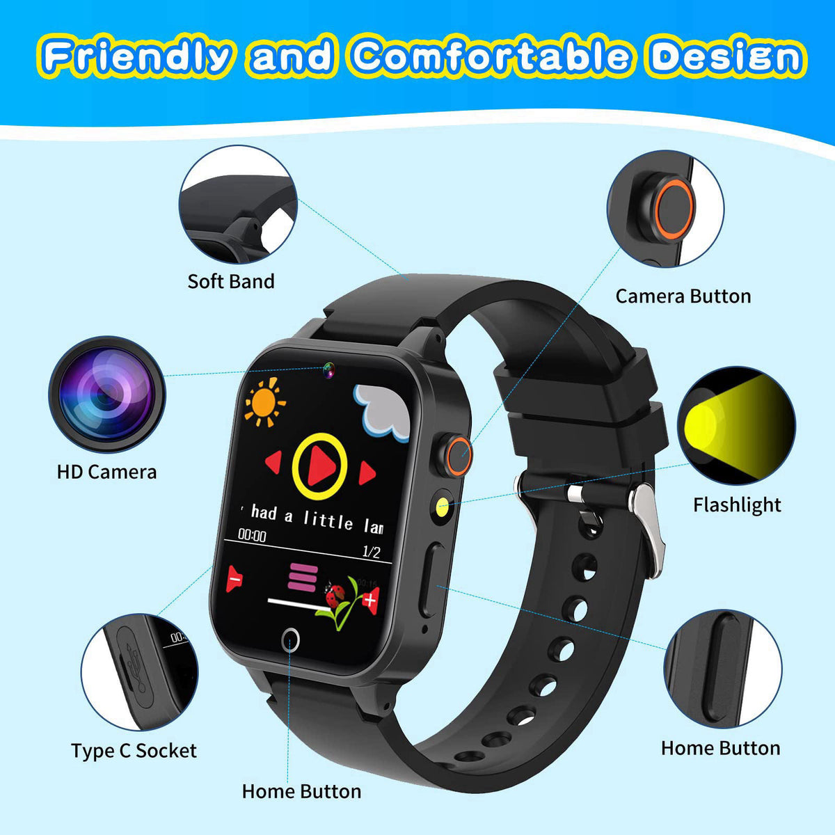 Cosjoype Smart Watch for Kids with 26 Puzzle Games HD Touchscreen Camera Video Music Player Habit Tracking Pedometer Ala