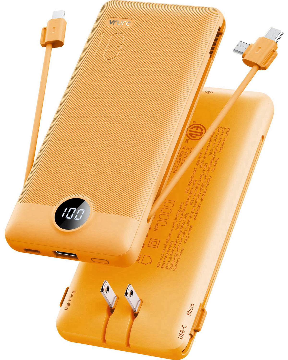 Portable Charger,VRURC Power Bank Built-in AC Wall Plug and Cables – product photo (Portable Power Banks)
