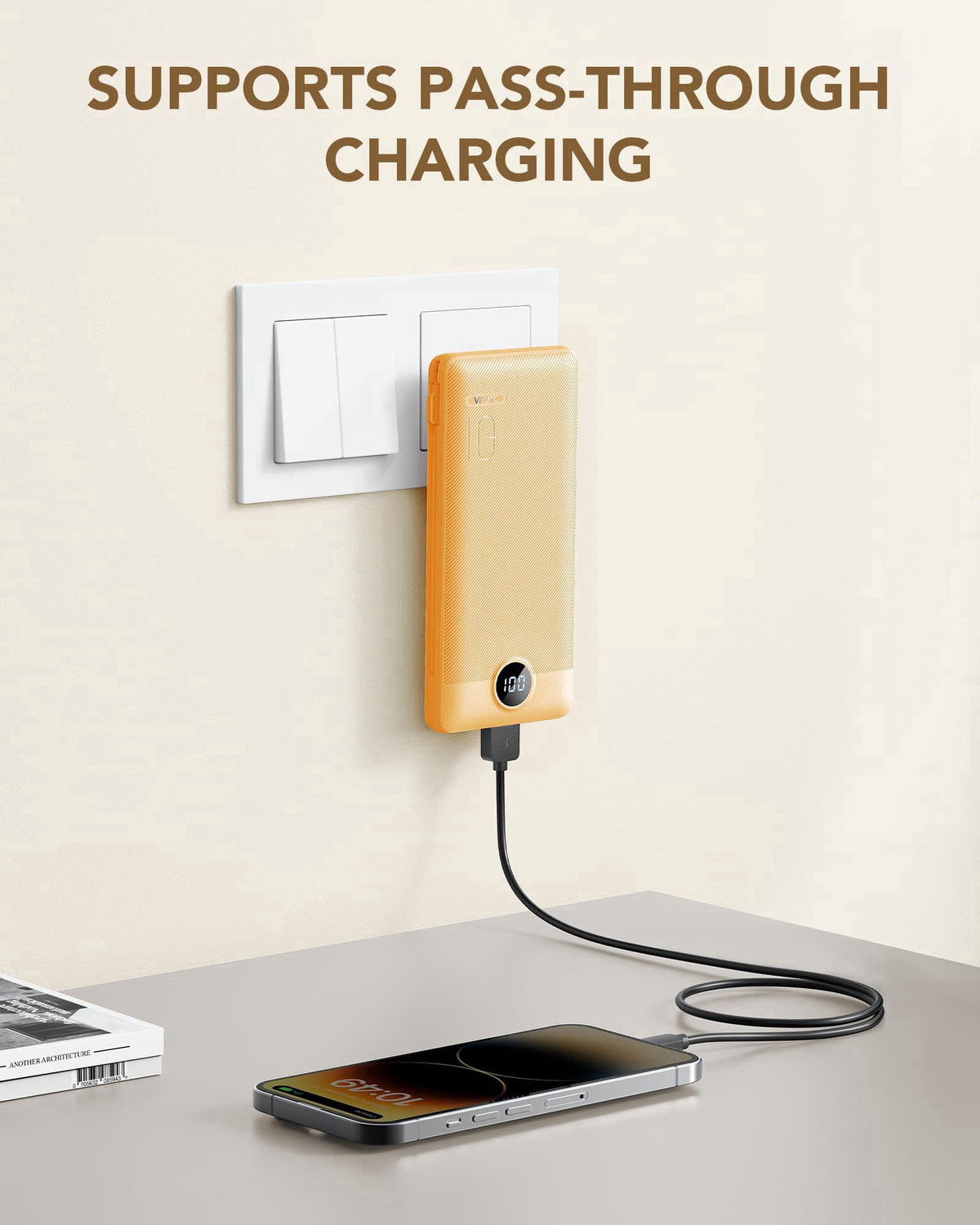 Portable Charger,VRURC Power Bank Built-in AC Wall Plug and Cables – close-up detail