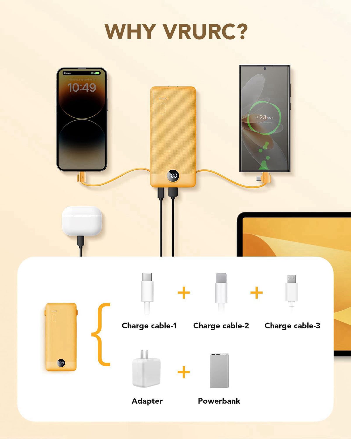 Portable Charger,VRURC Power Bank Built-in AC Wall Plug and Cables – full view
