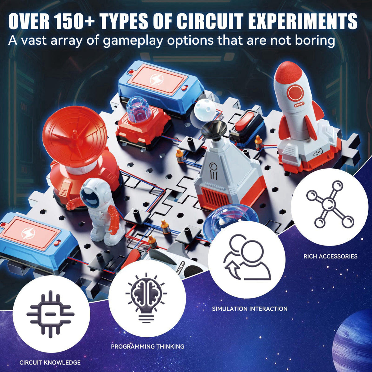 AUQBYRD STEM Electronics Circuit Kit for Kids Ages 6+, 35 Pieces, 200+ Projects – back view and specifications
