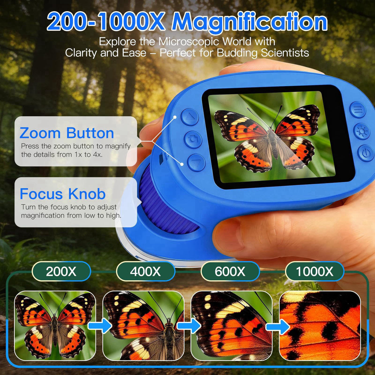 ASPOVEN 4K 1000X Handheld Digital Microscope for Kids with 2.0" IPS Screen(Blue) – close-up detail in Blue