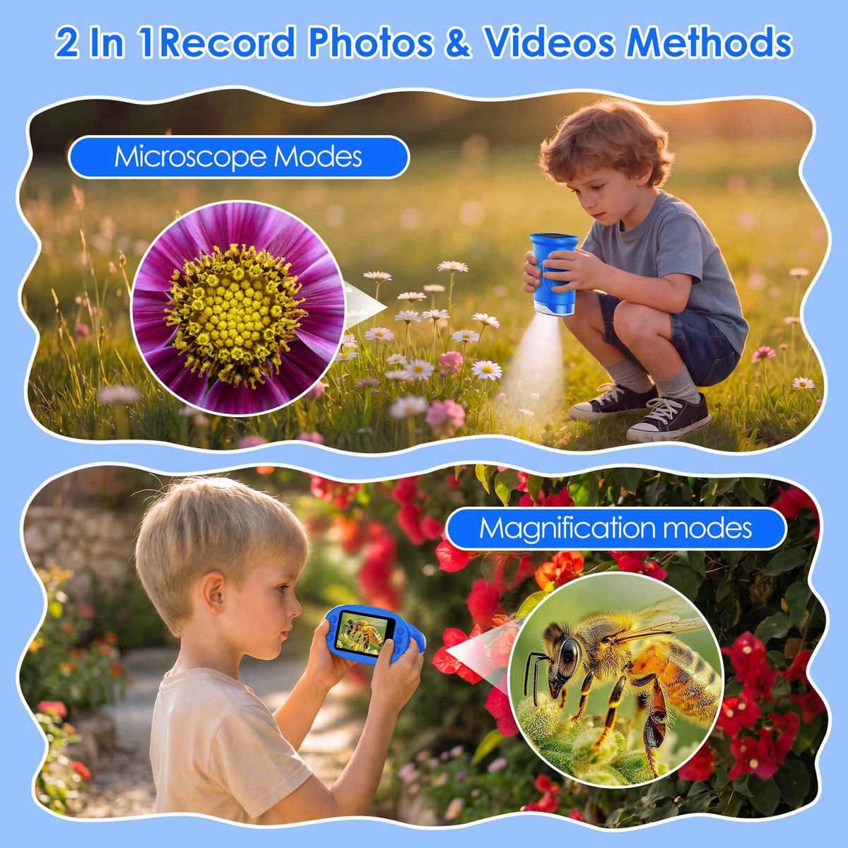 ASPOVEN 4K 1000X Handheld Digital Microscope for Kids with 2.0" IPS Screen(Blue) – back view and specifications