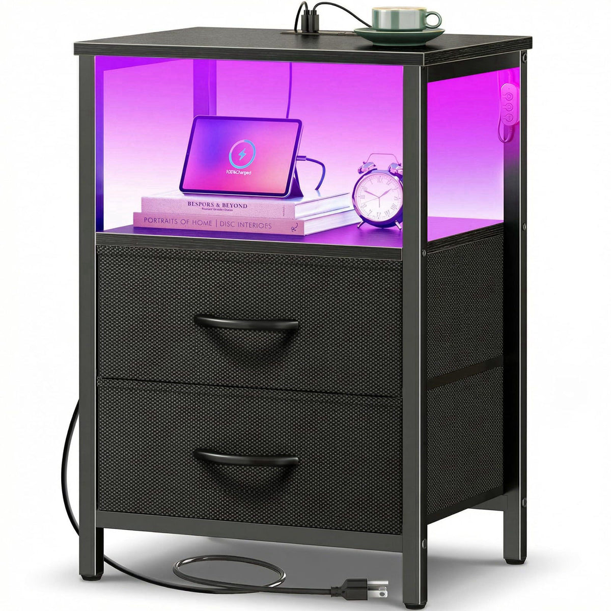 Huuger Night Stand with Charger Station and LED Lights, 2 Drawer Nightstand – Black, 11.8"D x 15.7"W x 23.6"