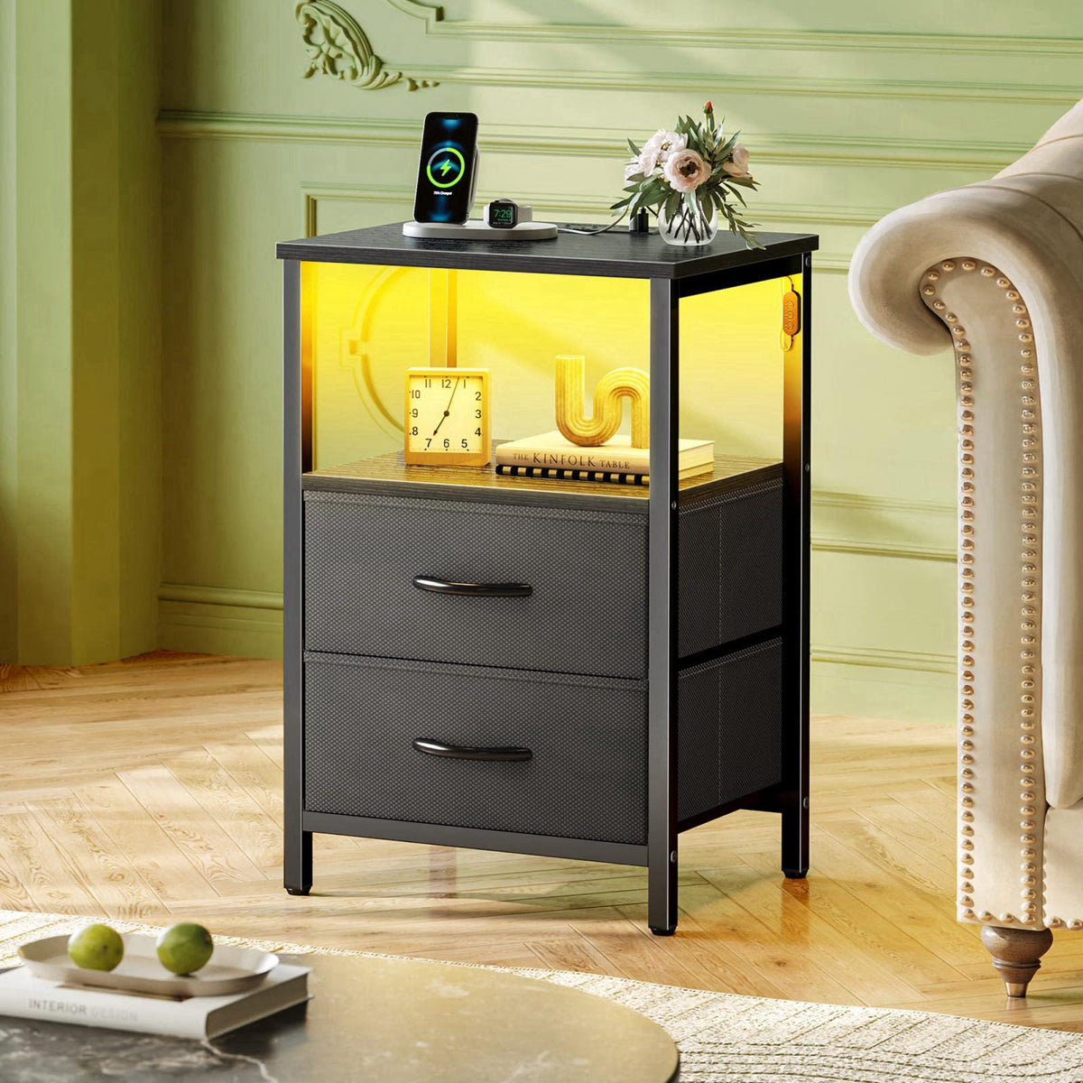 Huuger Night Stand with Charger Station and LED Lights, 2 Drawer Nightstand – close-up detail in Black