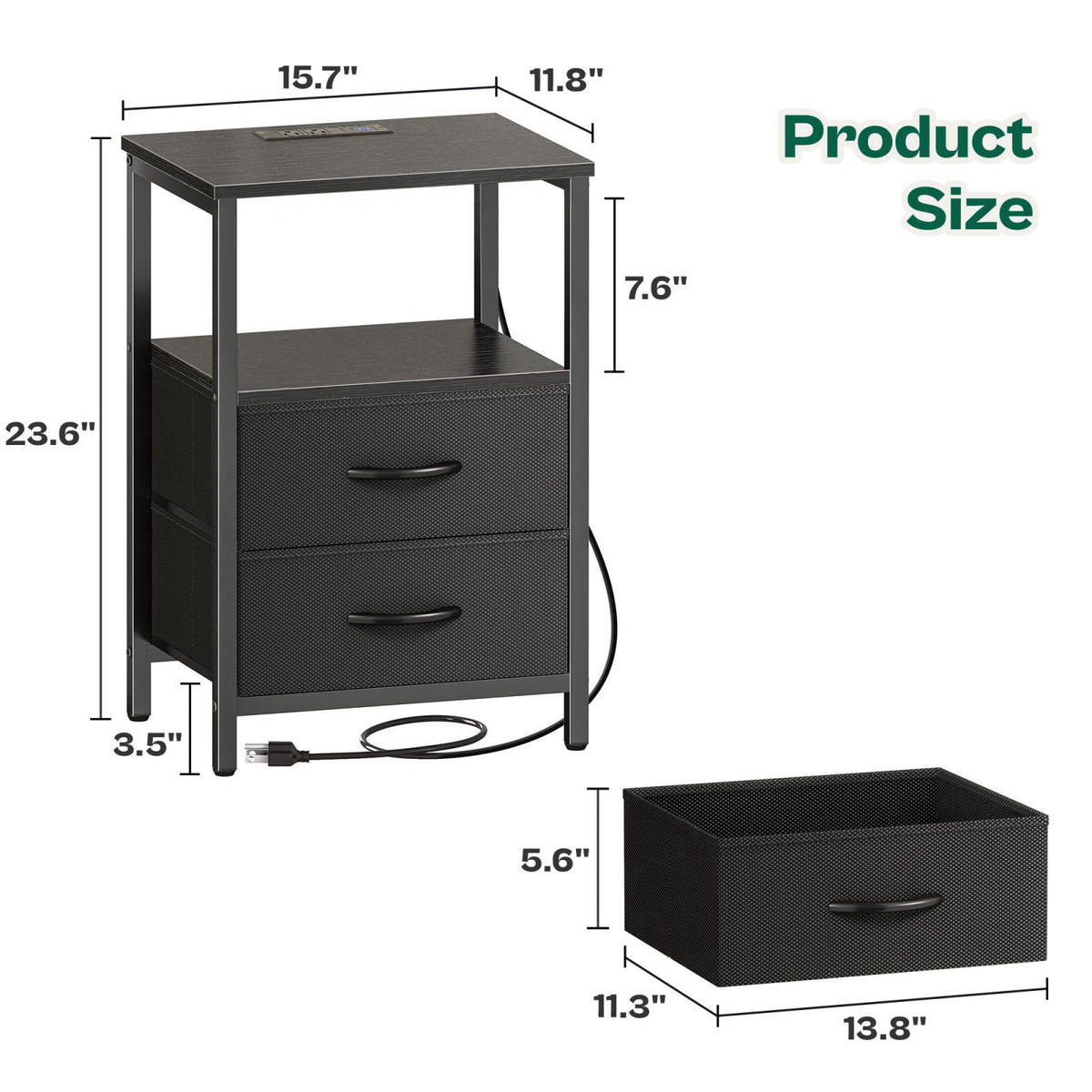 Huuger Night Stand with Charger Station and LED Lights, 2 Drawer Nightstand – packaging and label