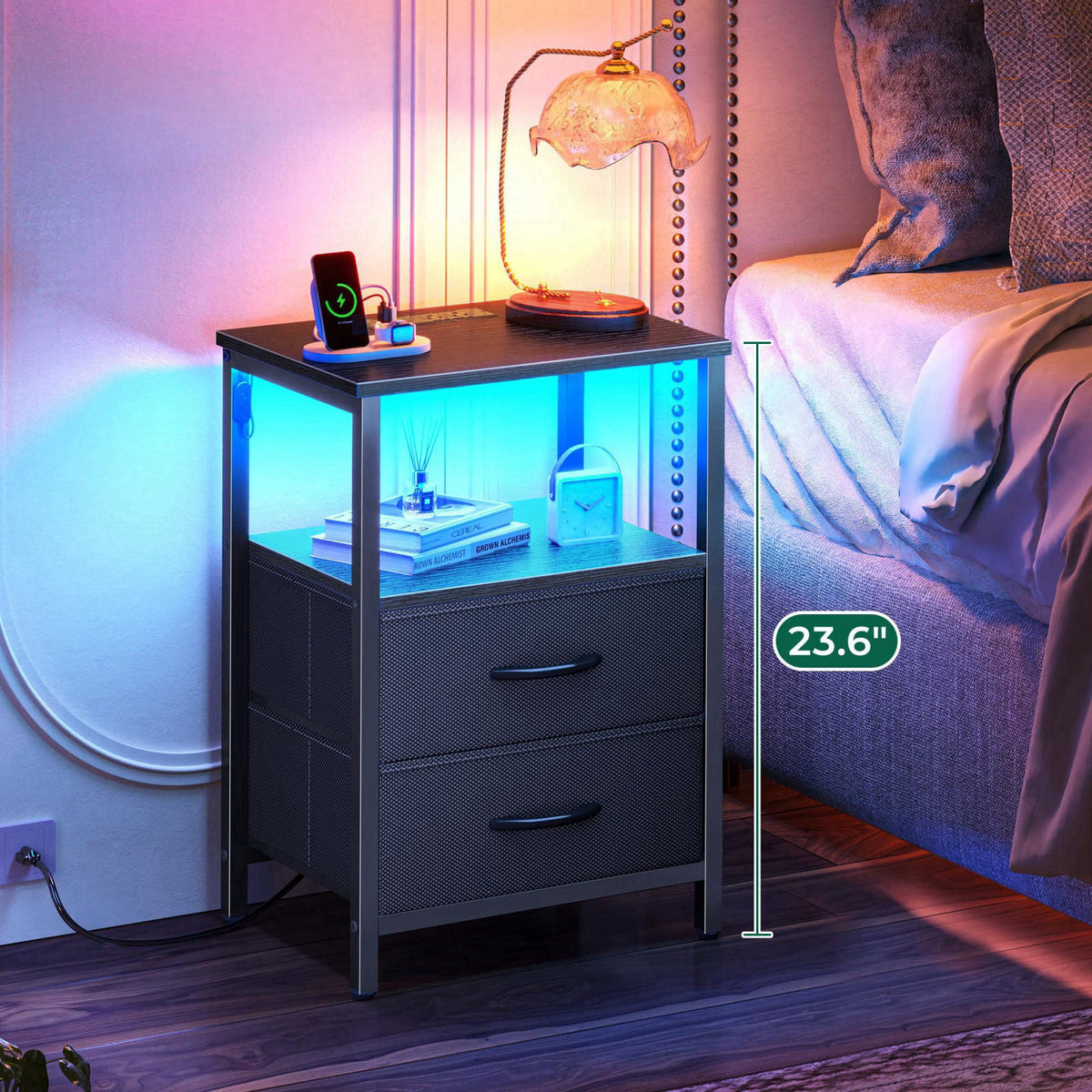Huuger Night Stand with Charger Station and LED Lights, 2 Drawer Nightstand – full view, size 11.8"D x 15.7"W x 