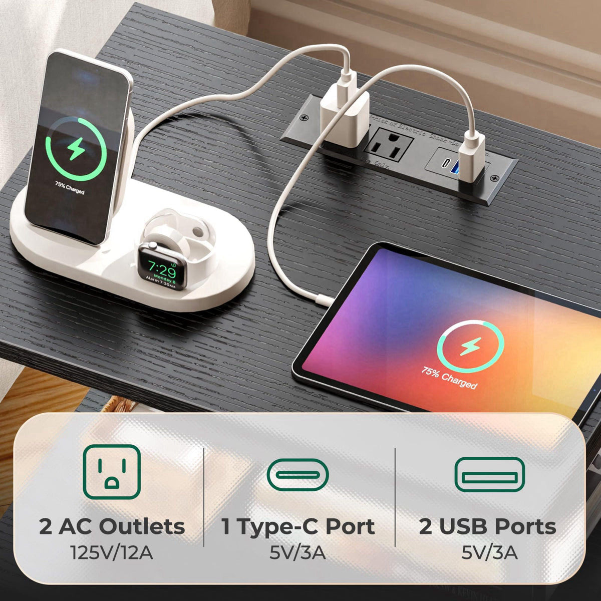 Huuger Night Stand with Charger Station and LED Lights, 2 Drawer Nightstand – alternate angle