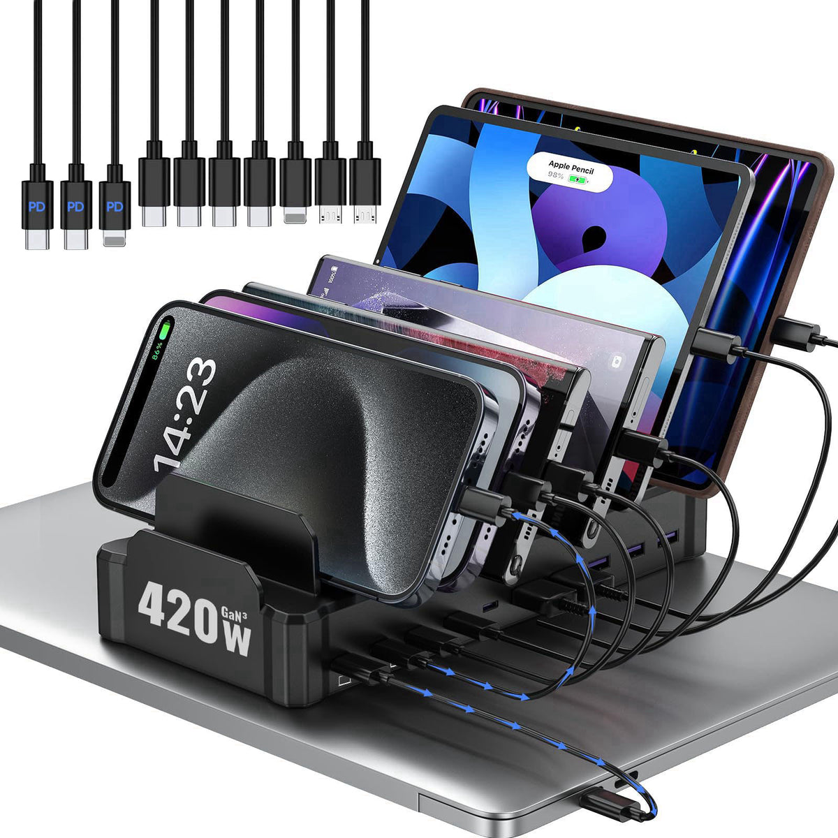 zobirez 420W 10-Port Fast USB Charging Station for Multiple Devices, Black – product photo (Charging Stations)