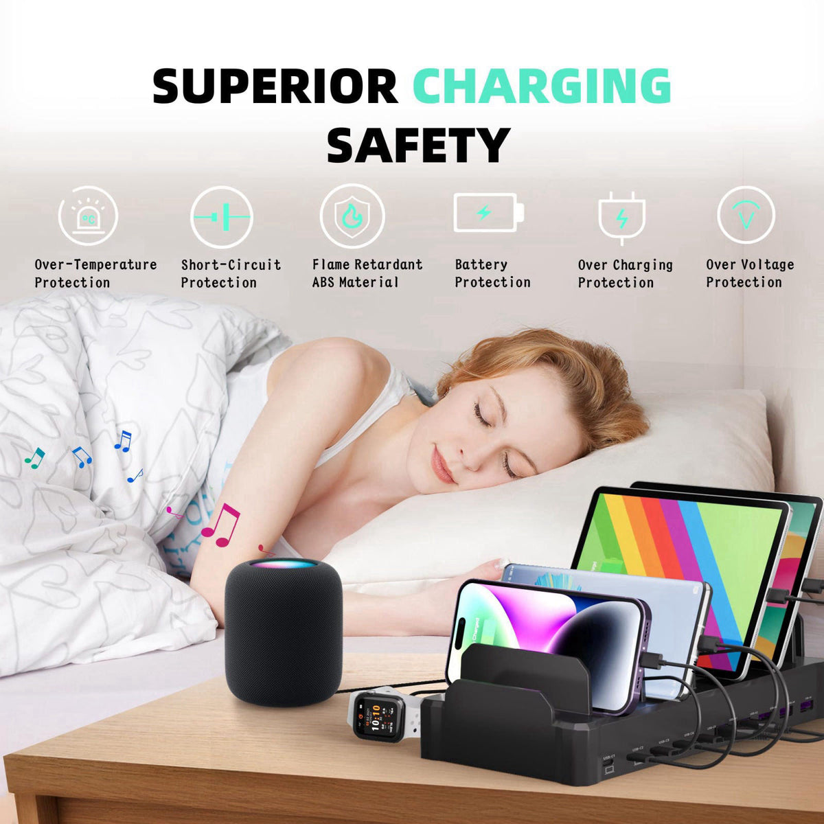zobirez 420W 10-Port Fast USB Charging Station for Multiple Devices, Black – full view