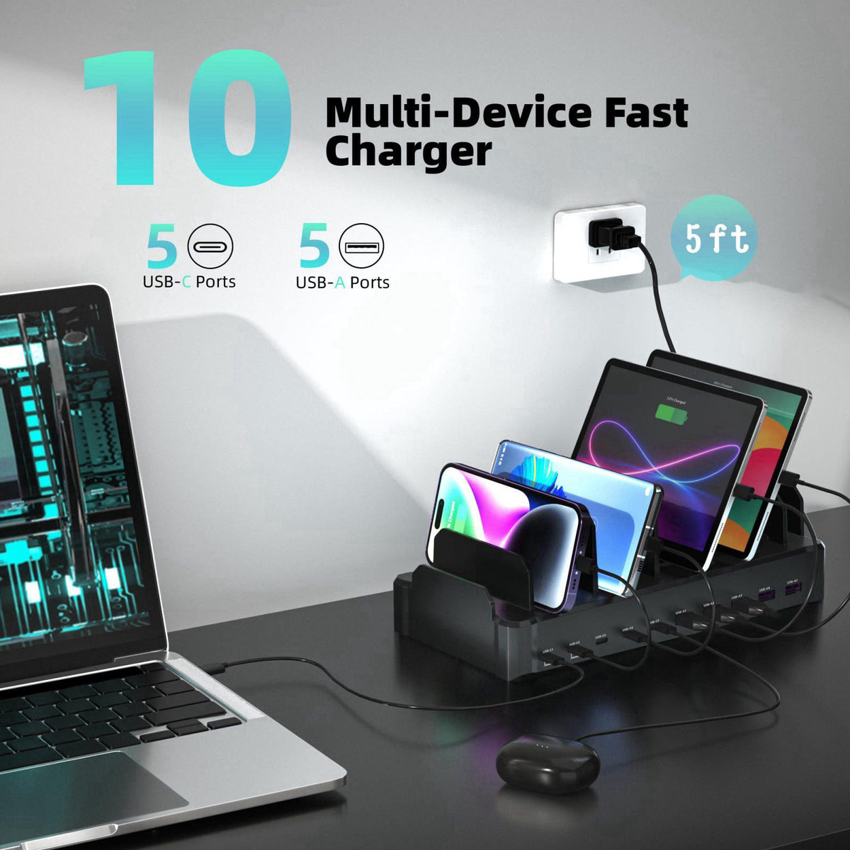 zobirez 420W 10-Port Fast USB Charging Station for Multiple Devices, Black – alternate angle