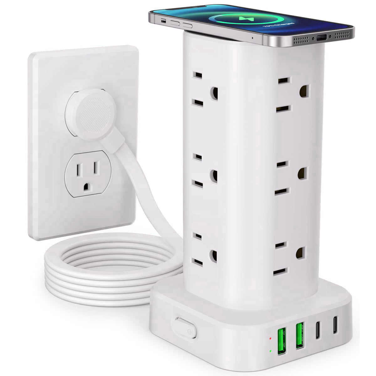 UWIWUTEI 6FT Power Strip Tower with Wireless Charger,Surge Protector with 12 Outlets – alternate angle