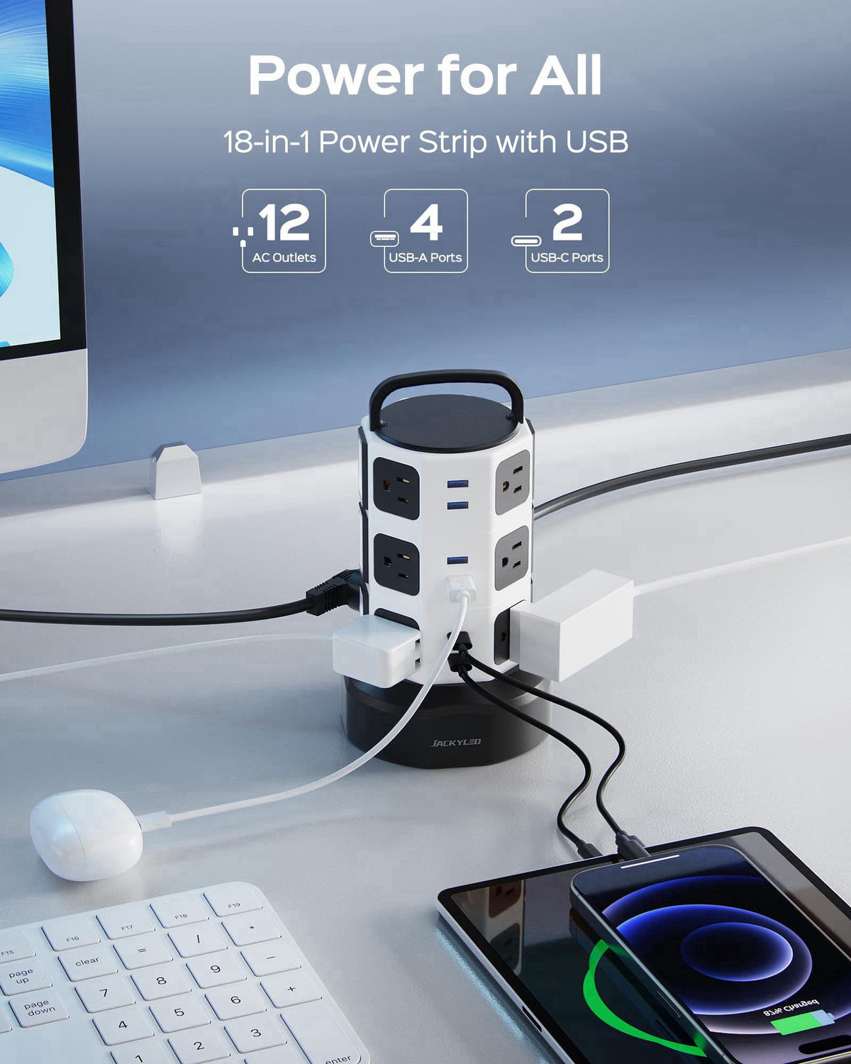 JACKYLED Power Strip Tower Surge Protector, 12 AC 6 USB (2 USB C), 1050J – close-up detail