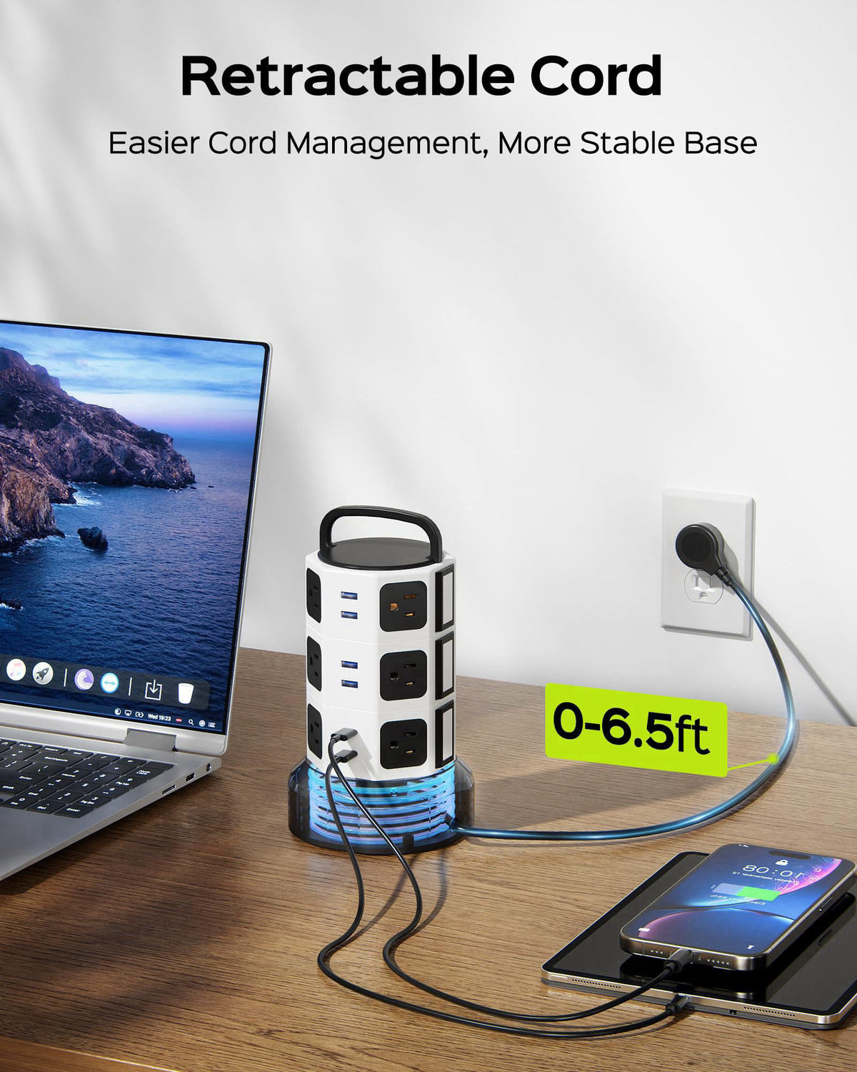JACKYLED Power Strip Tower Surge Protector, 12 AC 6 USB (2 USB C), 1050J – packaging and label