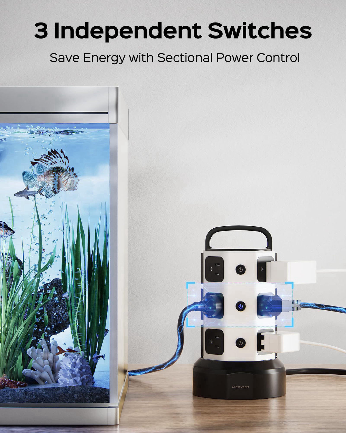 JACKYLED Power Strip Tower Surge Protector, 12 AC 6 USB (2 USB C), 1050J – full view, size 5.3 in * 5.3 in * 9 in