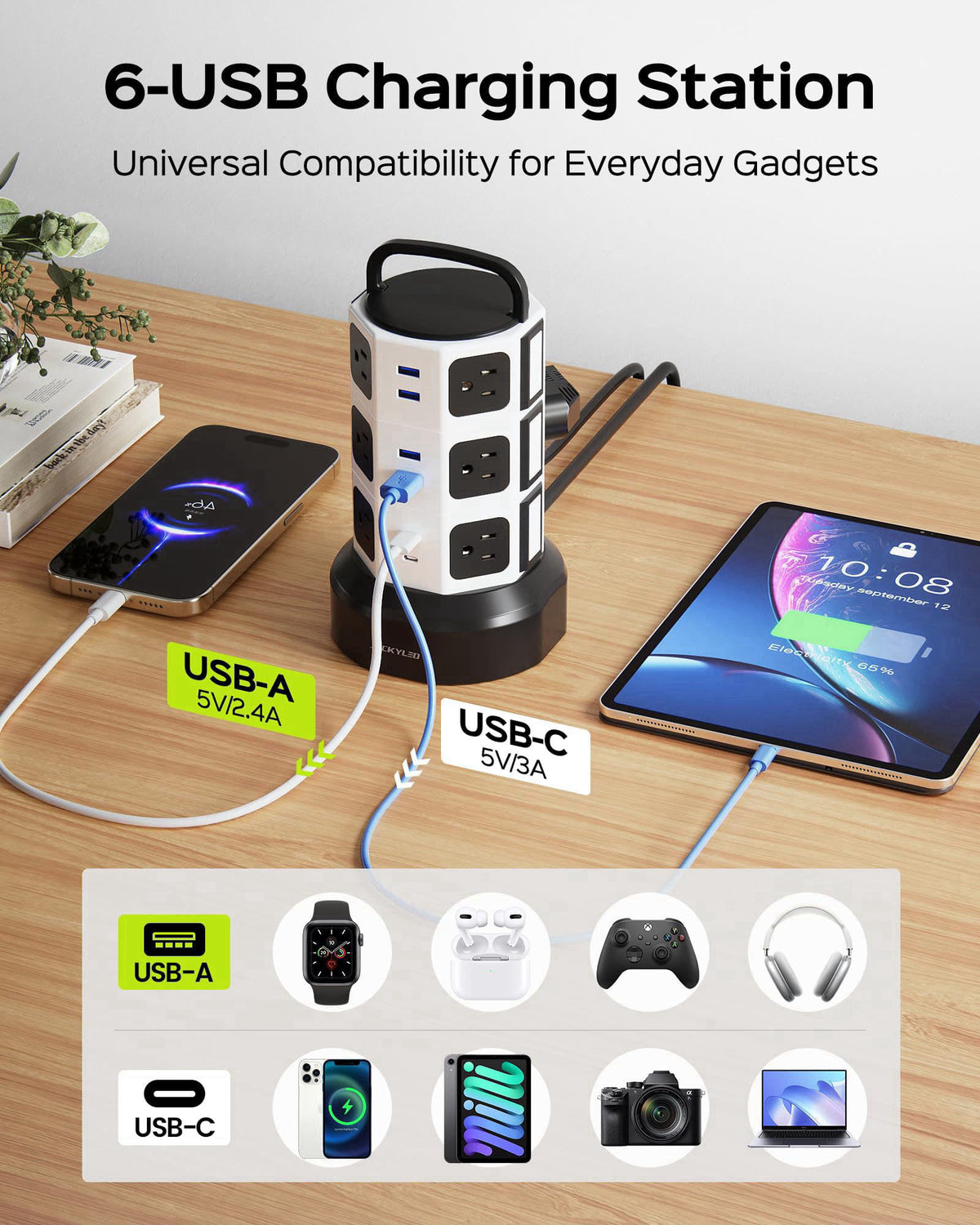 JACKYLED Power Strip Tower Surge Protector, 12 AC 6 USB (2 USB C), 1050J – back view and specifications