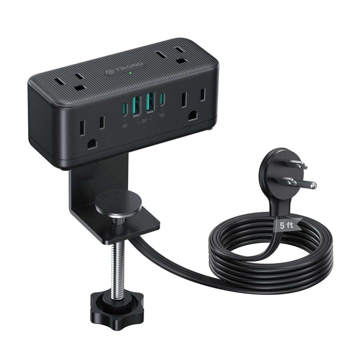 TROND Compact Desk Clamp Power Strip 5 ft, Fit 2.16" Tabletop Edge, Black