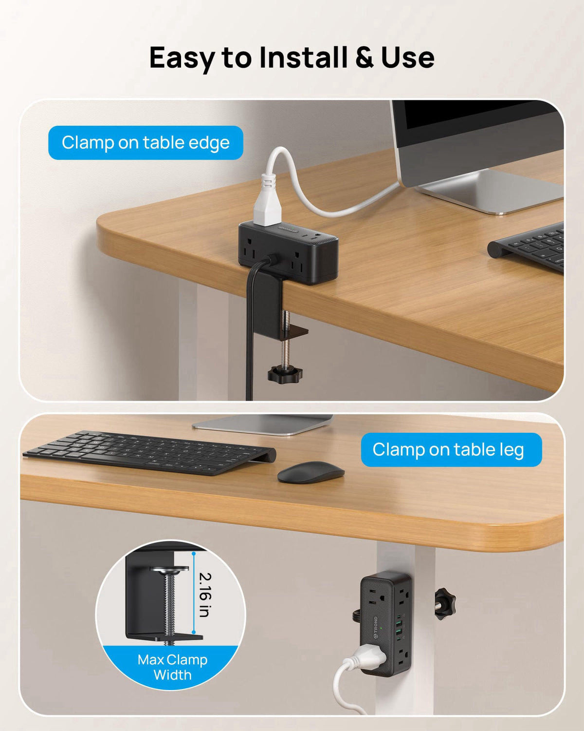 TROND Compact Desk Clamp Power Strip 5 ft, Fit 2.16" Tabletop Edge, Black – packaging and label
