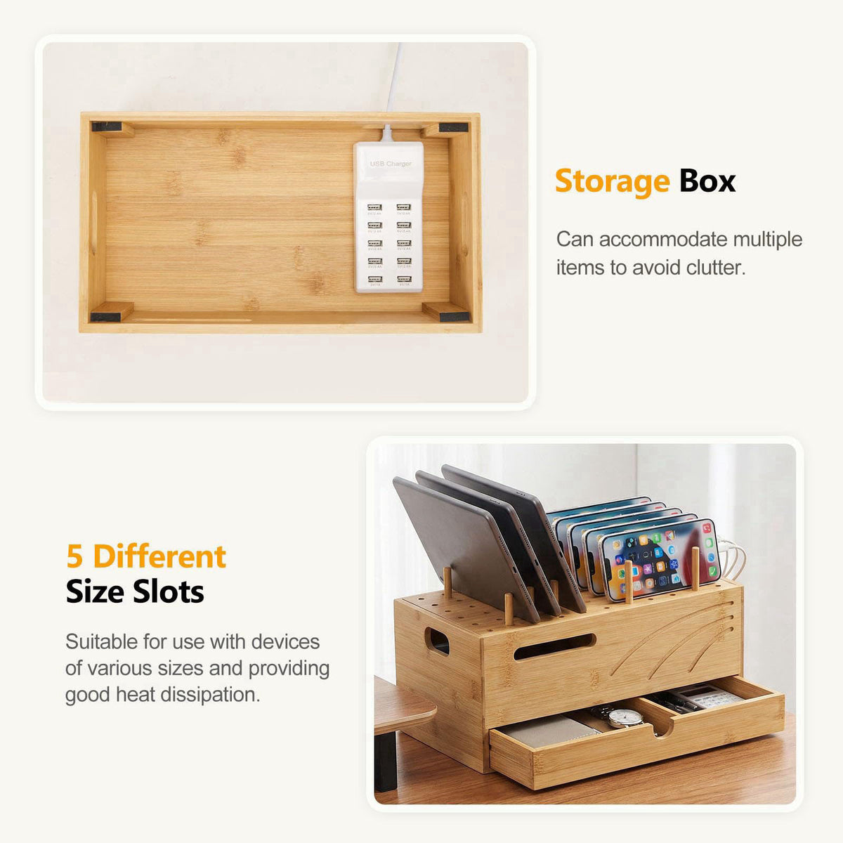 Homde Office Charging Station Organizer: 2 Layer Charger Holder (Natural) – full view