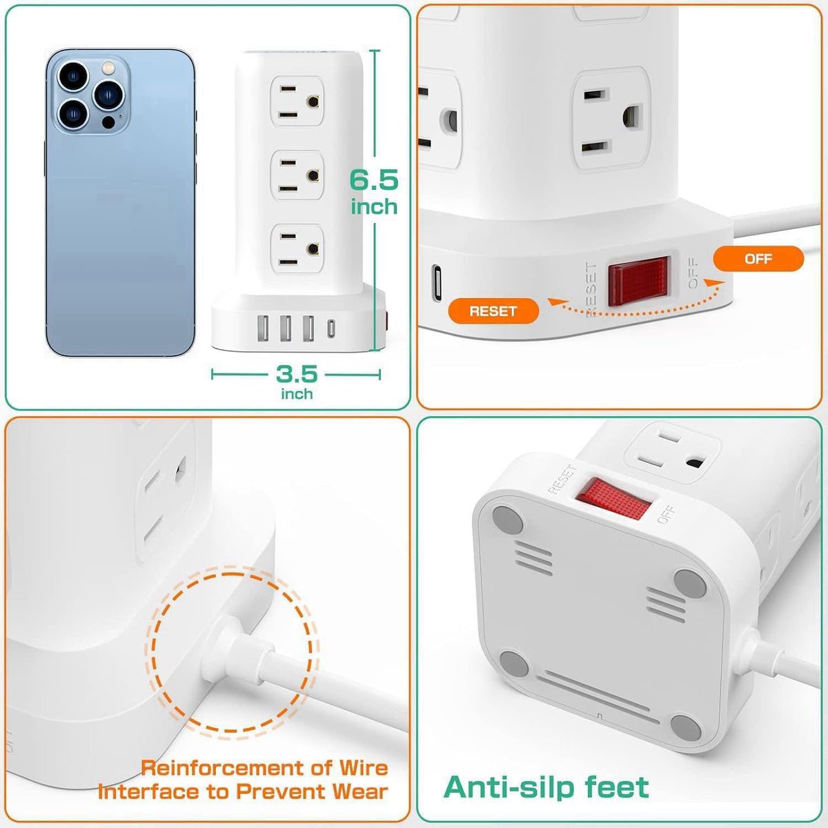 SMALLRT 6.5Ft Power Strip Tower with 12 Widely Outlets & 4 USB Ports – back view and specifications