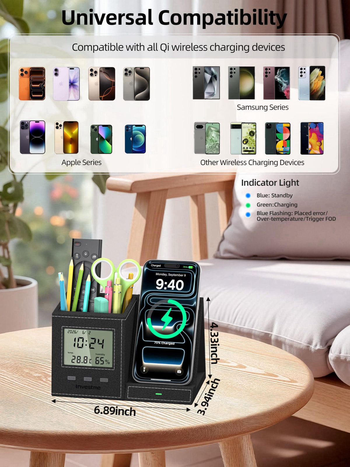 Investme 5-in-1 Pen Holder with Wireless Charger, Desk Organizer – close-up detail in Black with LCD