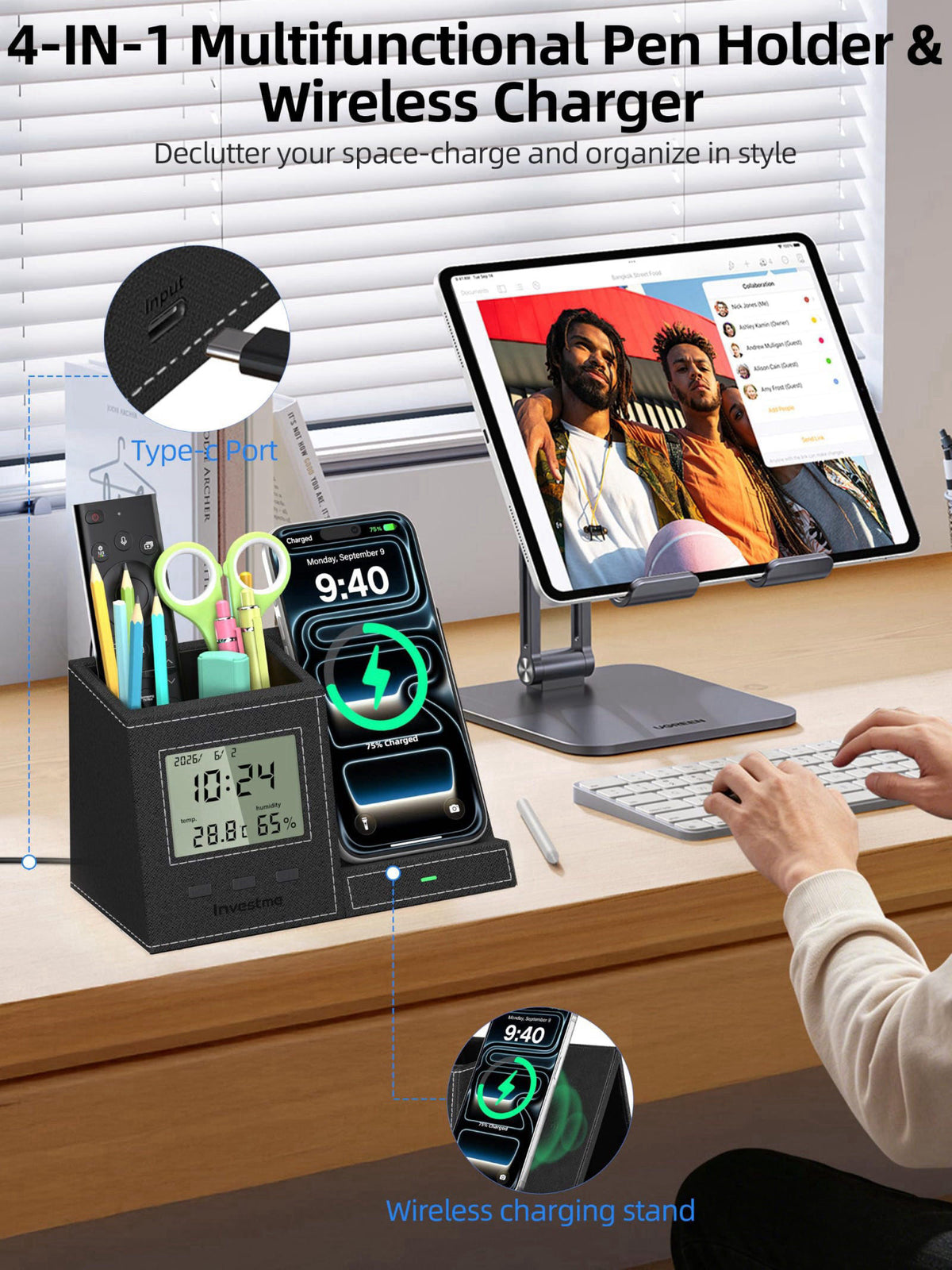 Investme 5-in-1 Pen Holder with Wireless Charger, Desk Organizer – packaging and label