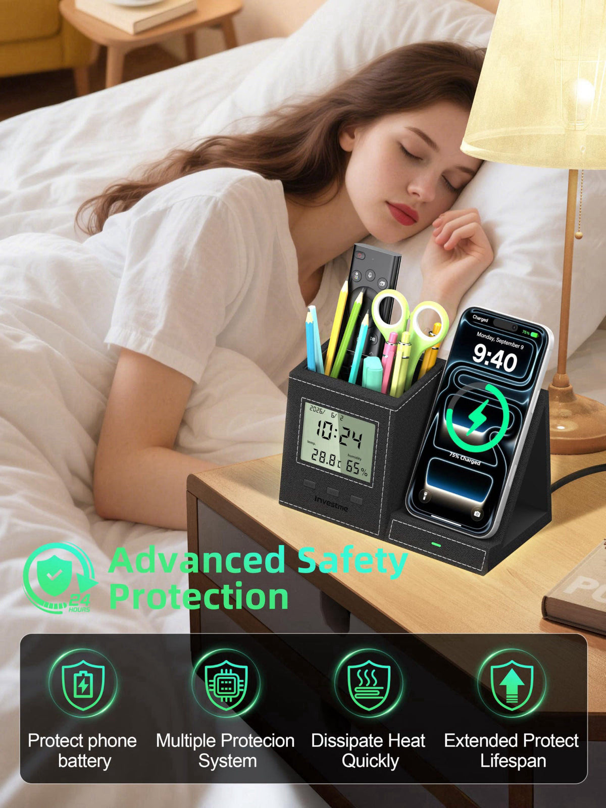 Investme 5-in-1 Pen Holder with Wireless Charger, Desk Organizer – back view and specifications