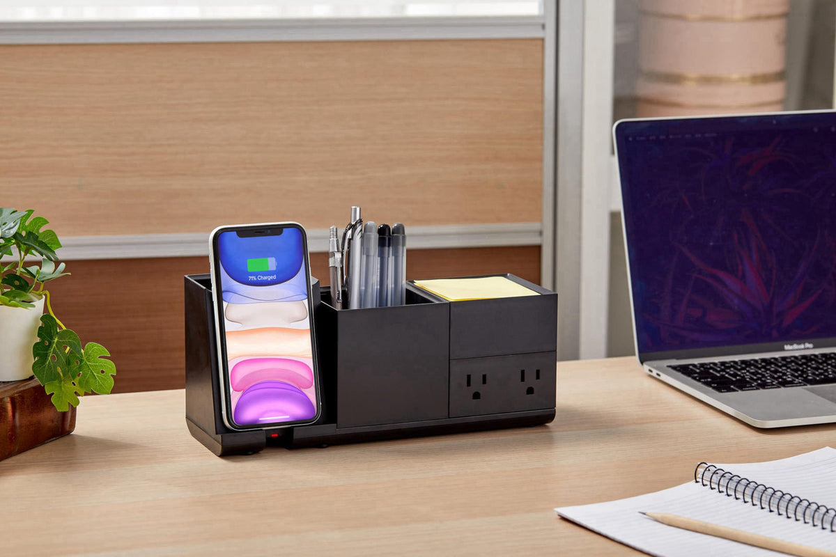 Bostitch Konnect Qi Certified Wireless Charging Desk Accessory Kit with Pencil Cups – close-up detail in Black