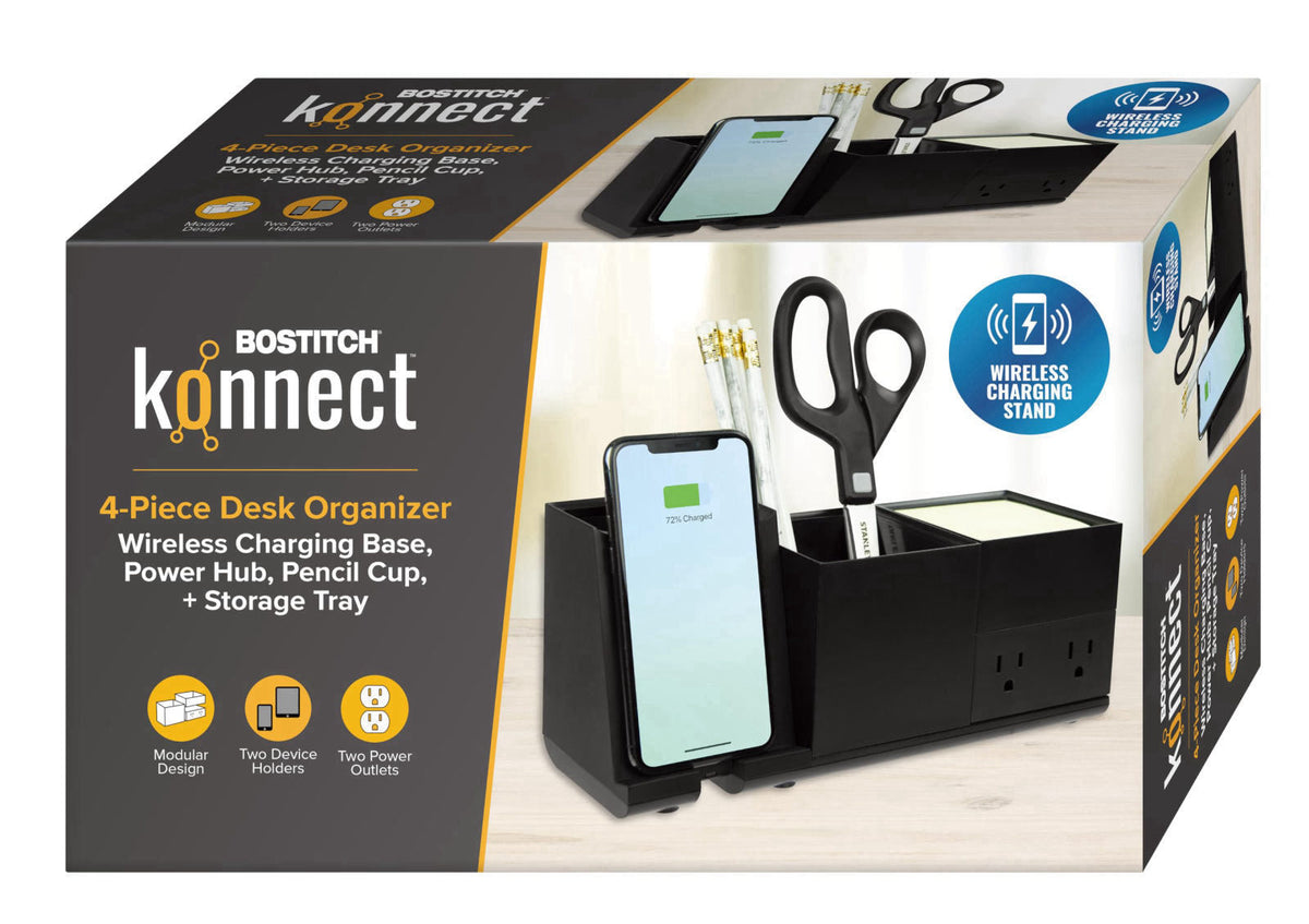 Bostitch Konnect Qi Certified Wireless Charging Desk Accessory Kit with Pencil Cups – back view and specifications