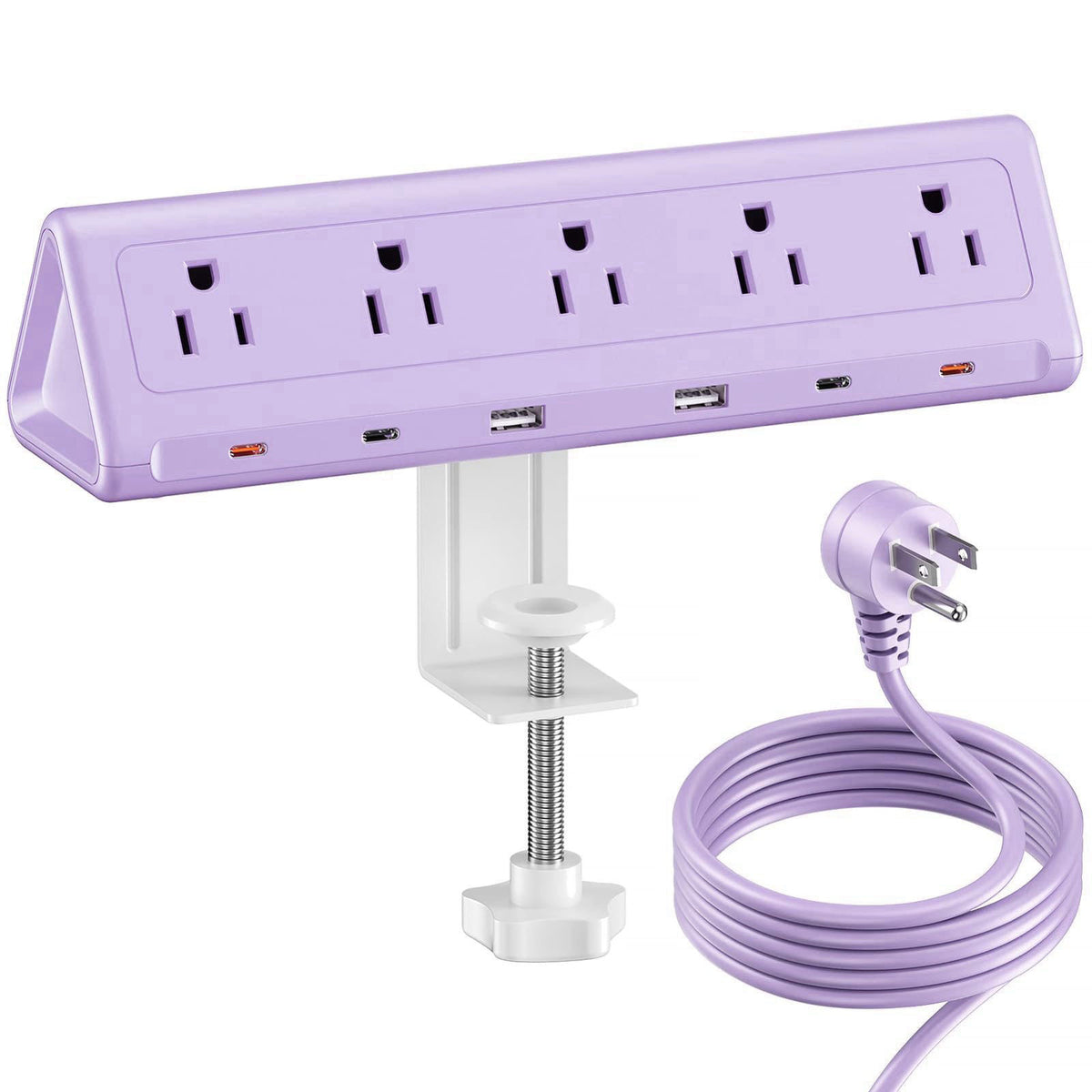 SMALLRT Purple Desk Clamp Power Strip with 6.5 FT Extension Cord, PD 40W USB-C Fast Charging Ports, 5 AC Outlets 4 USB-C