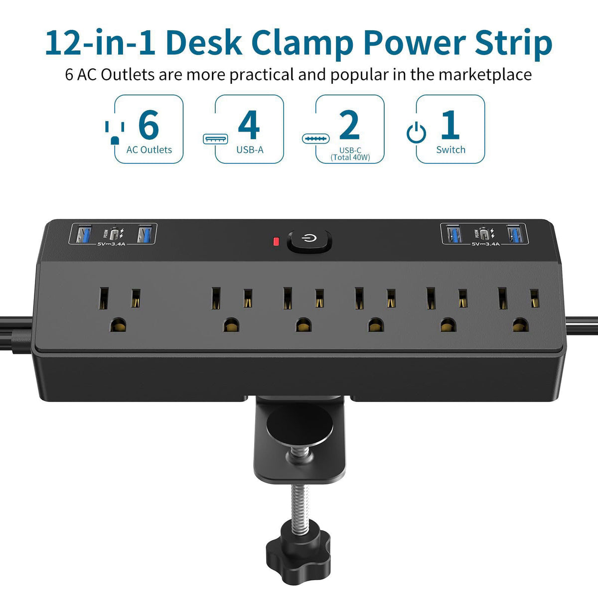 Desk Clamp Power Strip with 40W Fast Charging Station, JXGUCAT 10ft Flat Plug Power Strip Surge Protector, 2 USB-C Ports