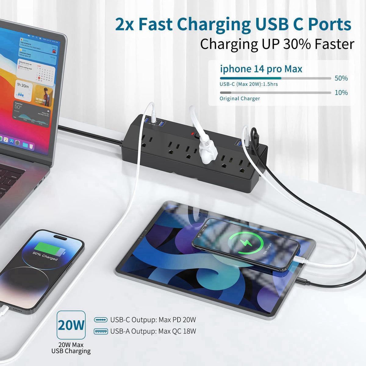Desk Clamp Power Strip with 40W Fast Charging Station, JXGUCAT 10ft Flat Plug Power Strip Surge Protector, 2 USB-C Ports