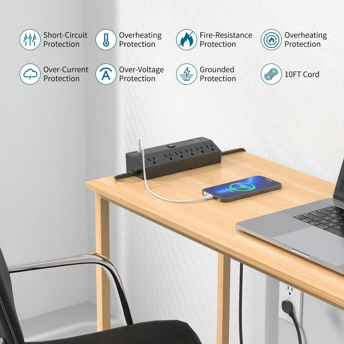 Desk Clamp Power Strip with 40W Fast Charging Station, JXGUCAT 10ft Flat Plug Power Strip Surge Protector, 2 USB-C Ports