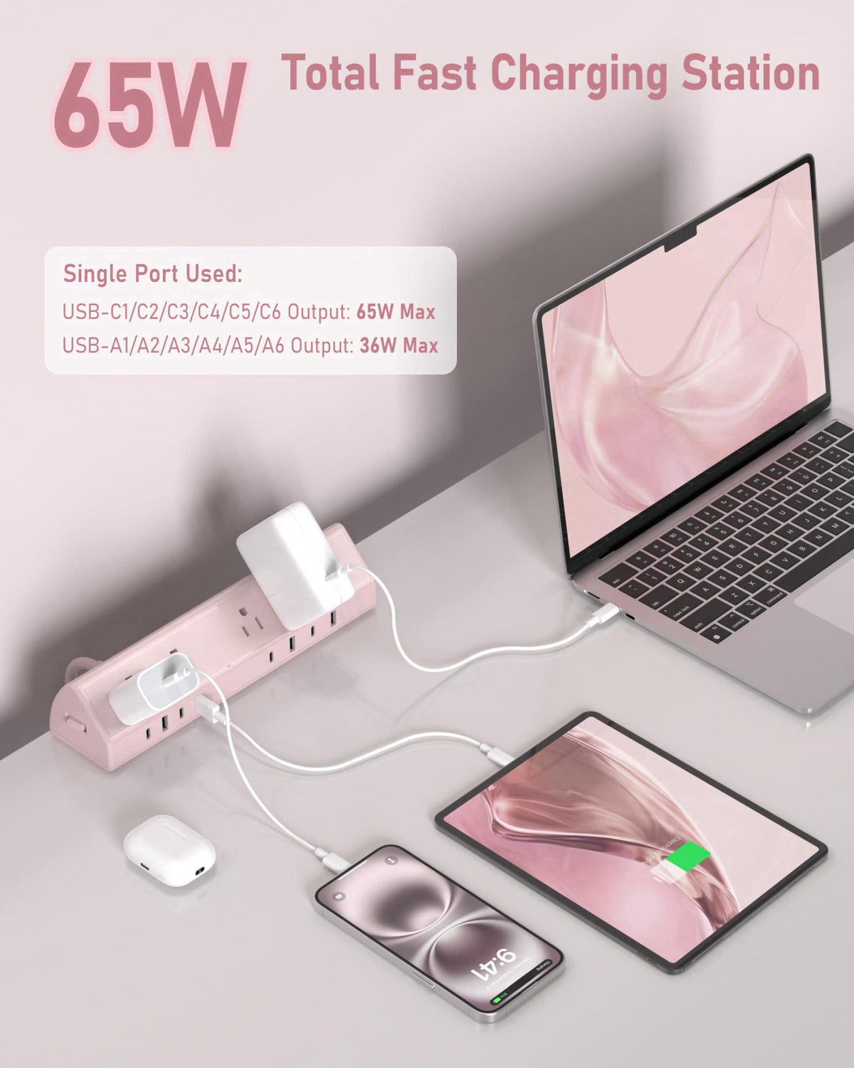 Jgstkcity Desk Clamp Power Strip USB C 65W,Surge Protector,Pink – close-up detail in Pink