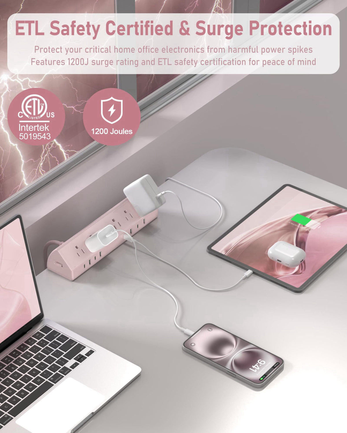 Jgstkcity Desk Clamp Power Strip USB C 65W,Surge Protector,Pink – packaging and label