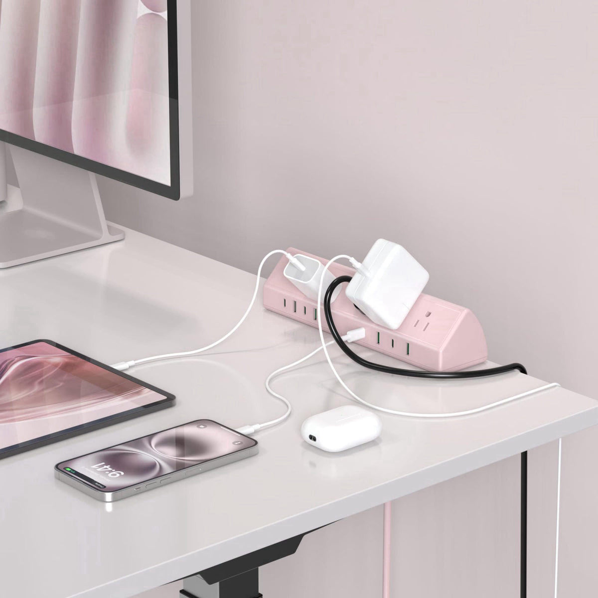Jgstkcity Desk Clamp Power Strip USB C 65W,Surge Protector,Pink – full view