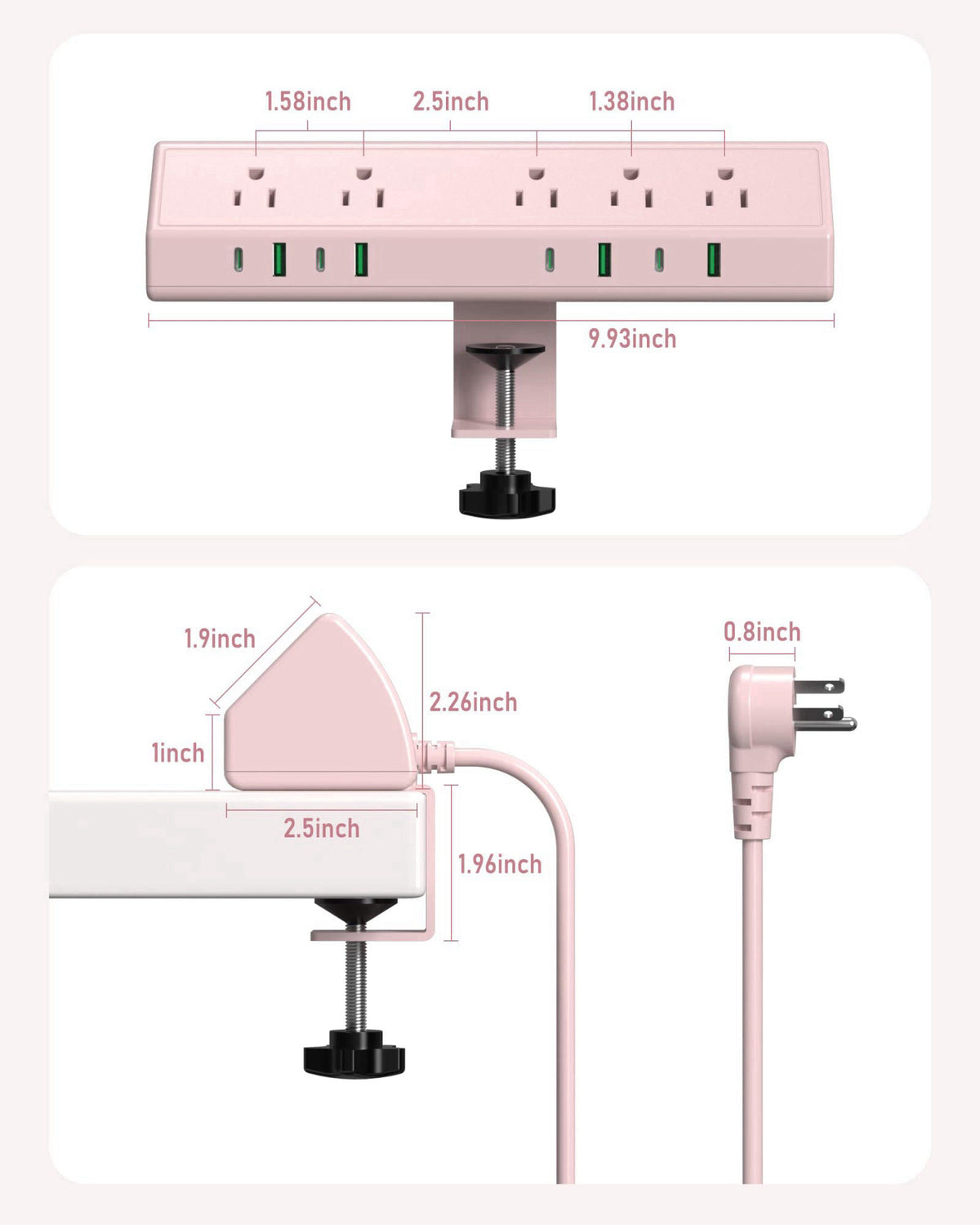 Jgstkcity Desk Clamp Power Strip USB C 65W,Surge Protector,Pink – back view and specifications