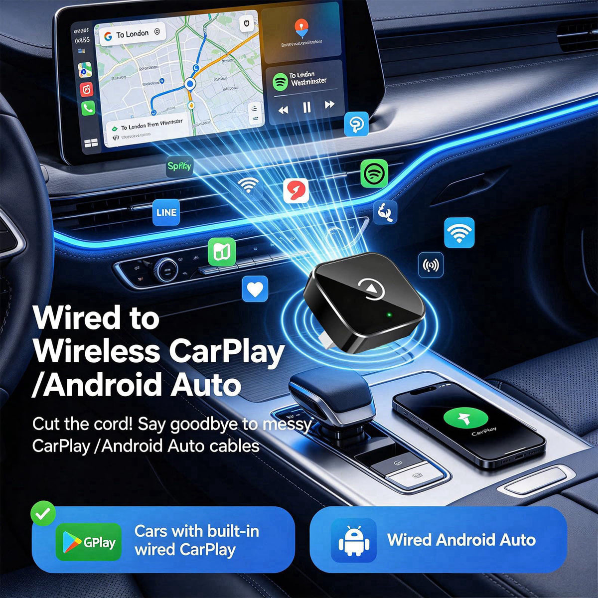 YFDUNV Wireless CarPlay Adapter,Supports iPhone & Android Phones – packaging and label
