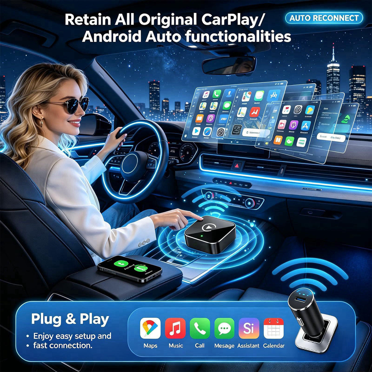 YFDUNV Wireless CarPlay Adapter,Supports iPhone & Android Phones – back view and specifications