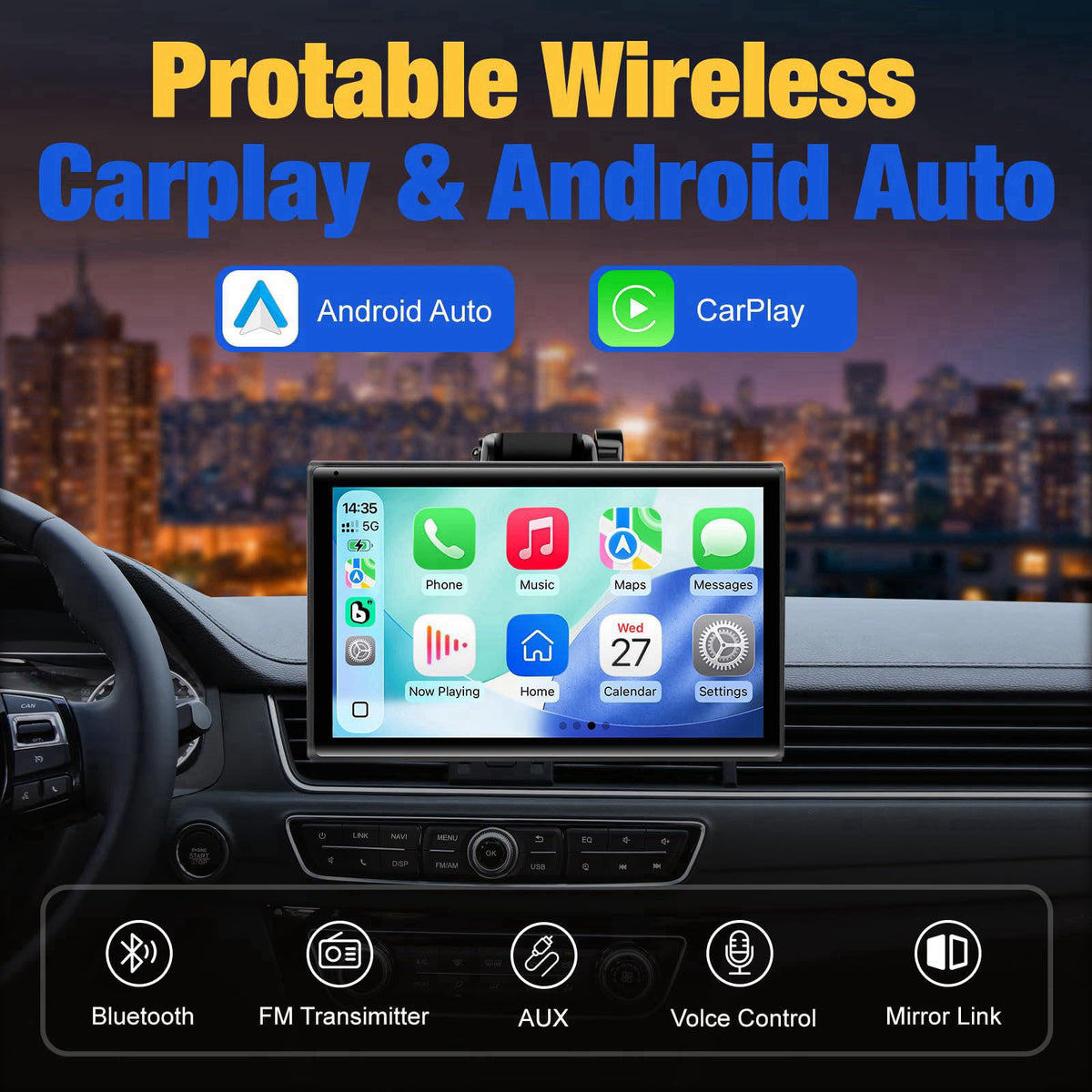YREVTM Carplay Screen for Car, 7 inch Wireless Carplay & Android Auto（Black） – close-up detail