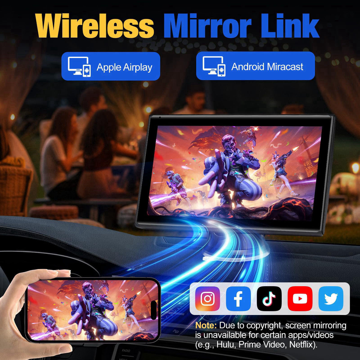 YREVTM Carplay Screen for Car, 7 inch Wireless Carplay & Android Auto（Black） – full view, size 7 inches