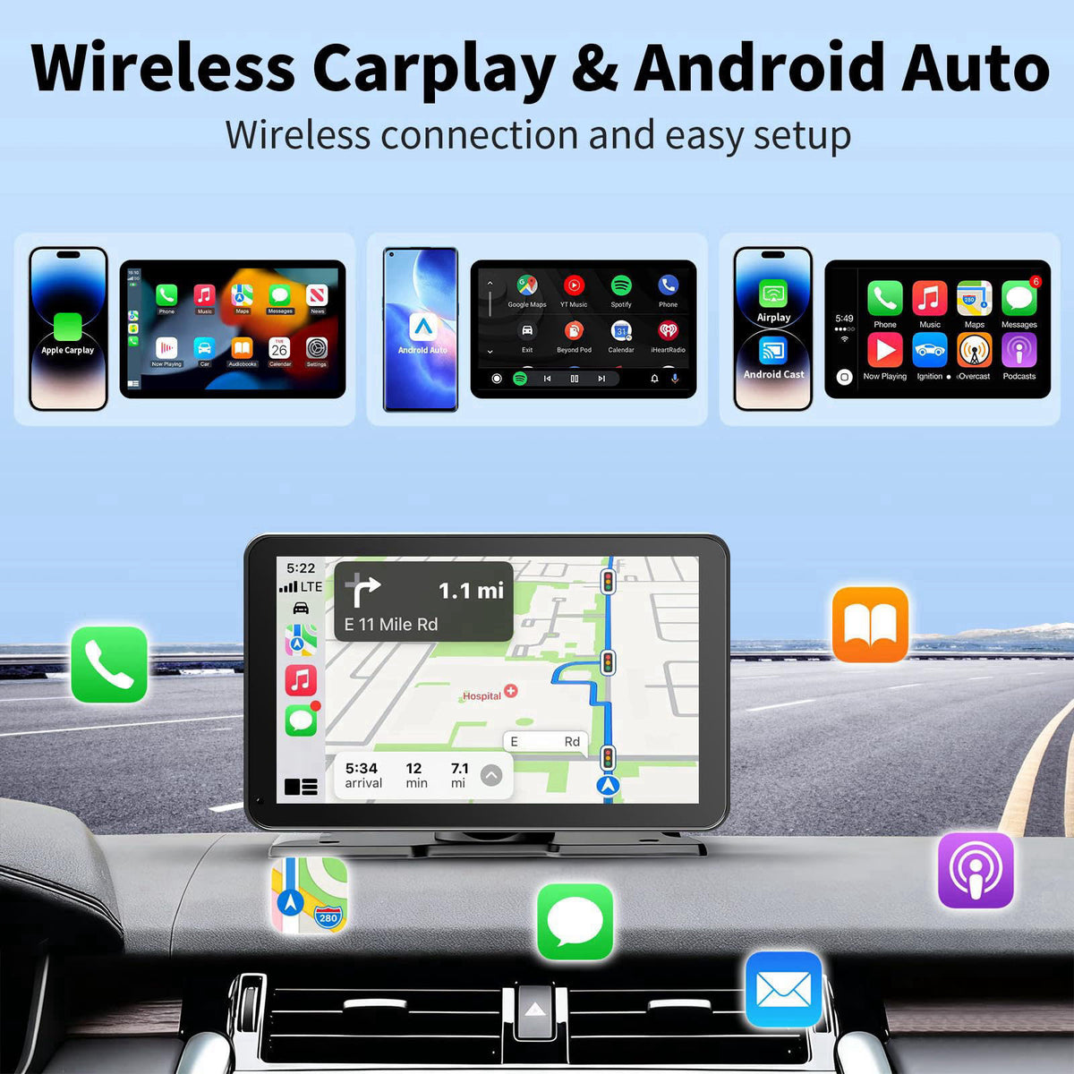 GTVFS CarPlay Screen for Car, 9'' Wireless CarPlay & Android Auto - Smart Portable Touchscreen with Bluetooth/FM, Mirror