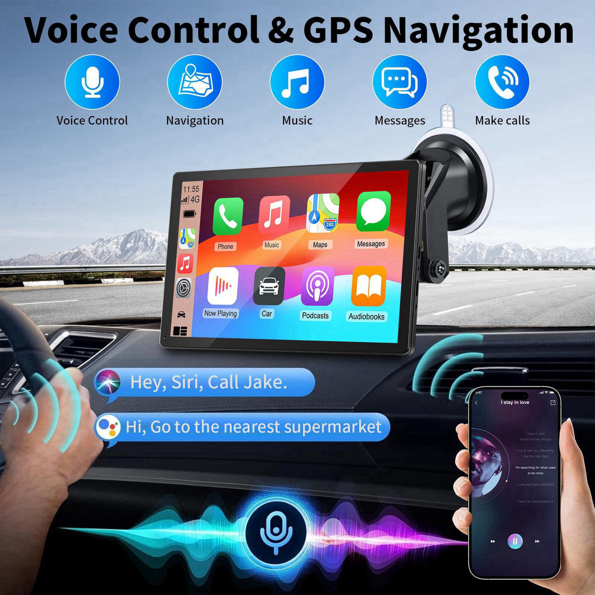 GTVFS CarPlay Screen for Car, 9'' Wireless CarPlay & Android Auto - Smart Portable Touchscreen with Bluetooth/FM, Mirror