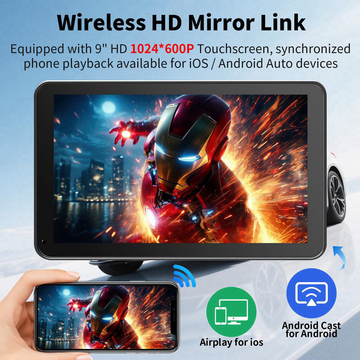 GTVFS CarPlay Screen for Car, 9'' Wireless CarPlay & Android Auto - Smart Portable Touchscreen with Bluetooth/FM, Mirror