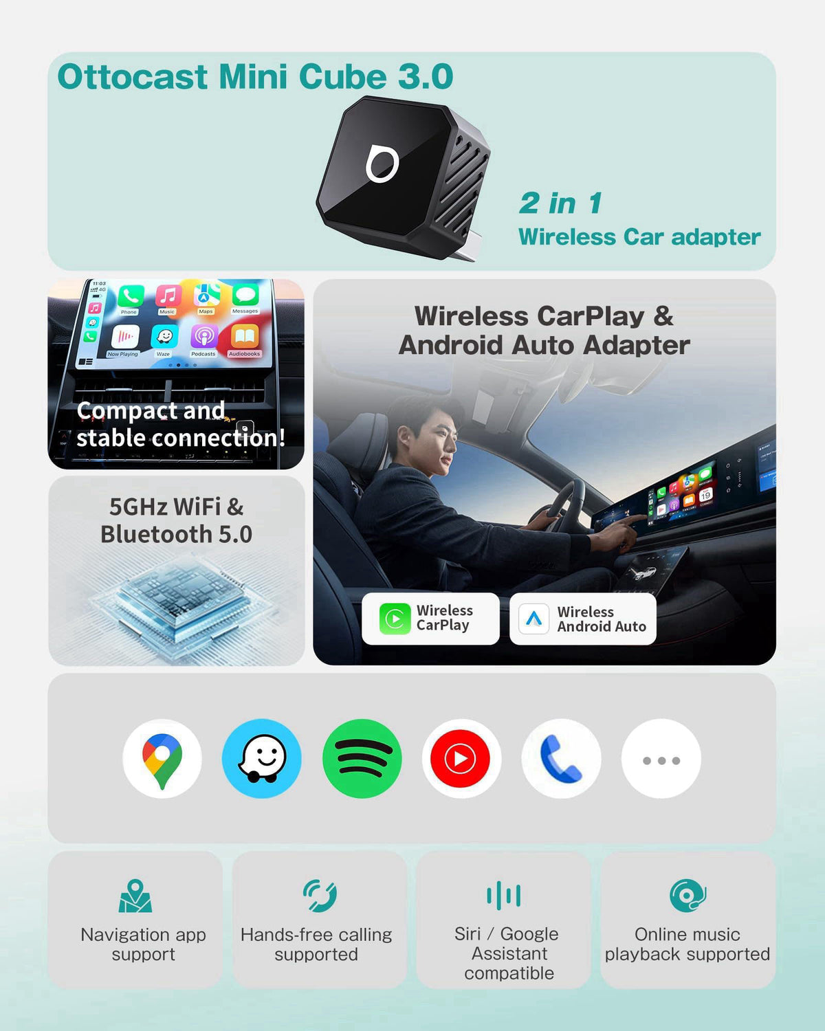 OTTOCAST Mini 2-in-1 Wireless CarPlay/Android Auto Adapter,Auto-Reconnect – back view and specifications