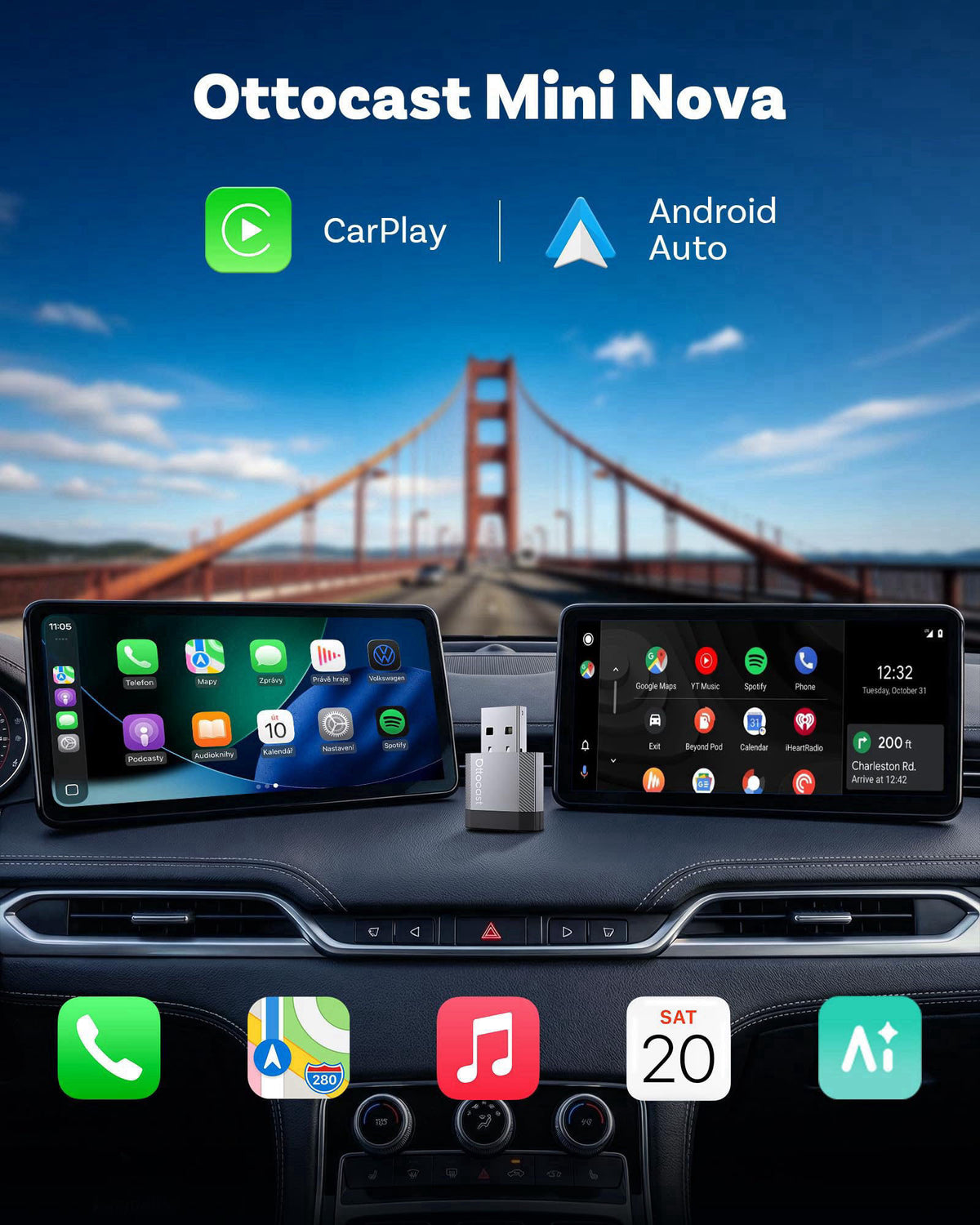 OTTOCAST Mini Nova 2-in-1 Wireless CarPlay & Android Auto AI Adapter – close-up detail