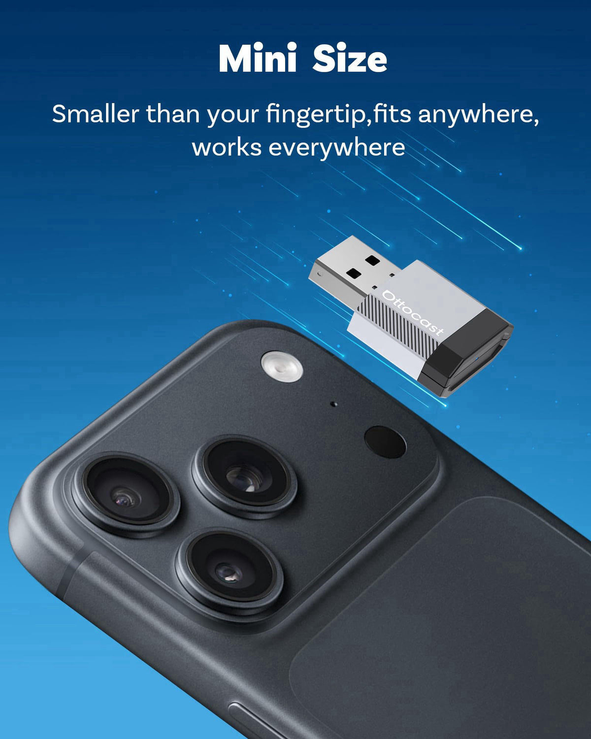 OTTOCAST Mini Nova 2-in-1 Wireless CarPlay & Android Auto AI Adapter – back view and specifications