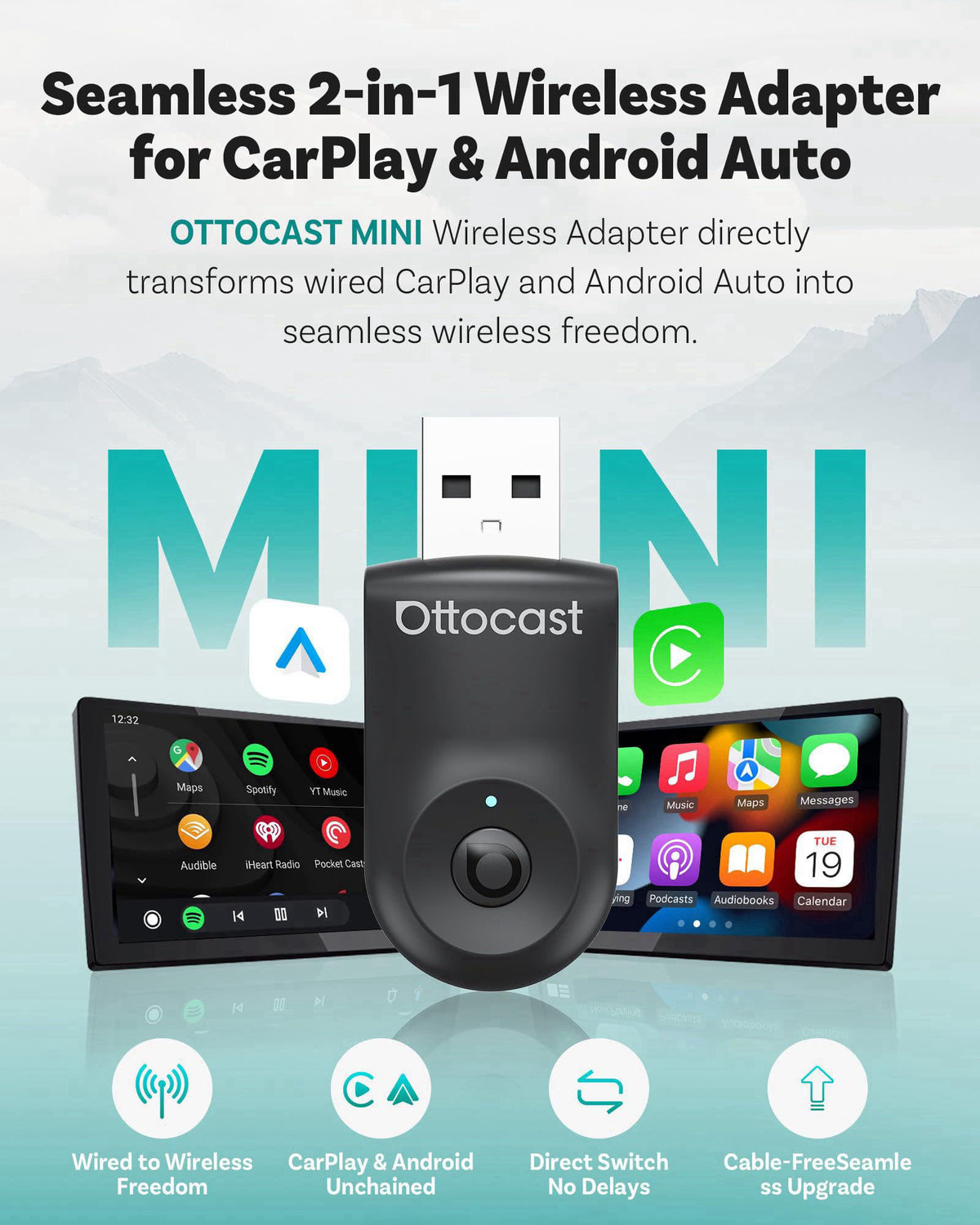 OTTOCAST Mini 2025 Wireless CarPlay & Android Auto 2-in-1 Adapter, Plug & Play, 5GHz WiFi, Auto Connect for iPhone & And