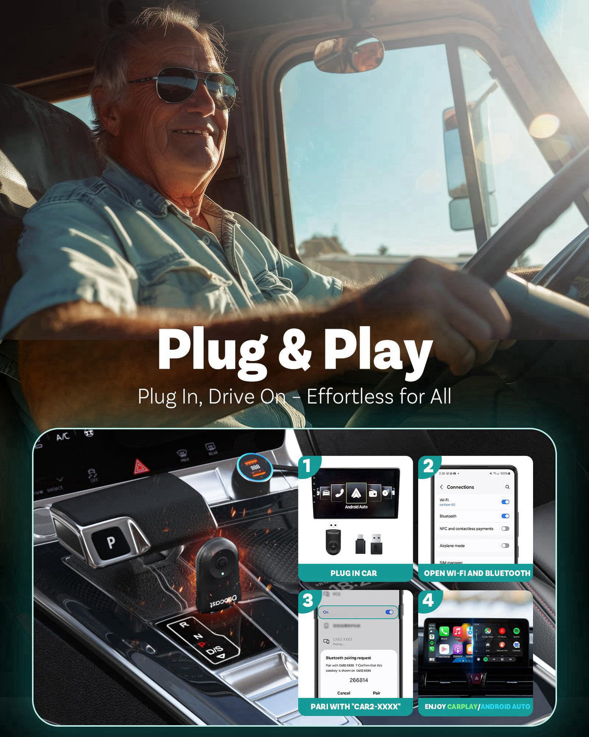 OTTOCAST Mini 2025 Wireless CarPlay & Android Auto 2-in-1 Adapter, Plug & Play, 5GHz WiFi, Auto Connect for iPhone & And